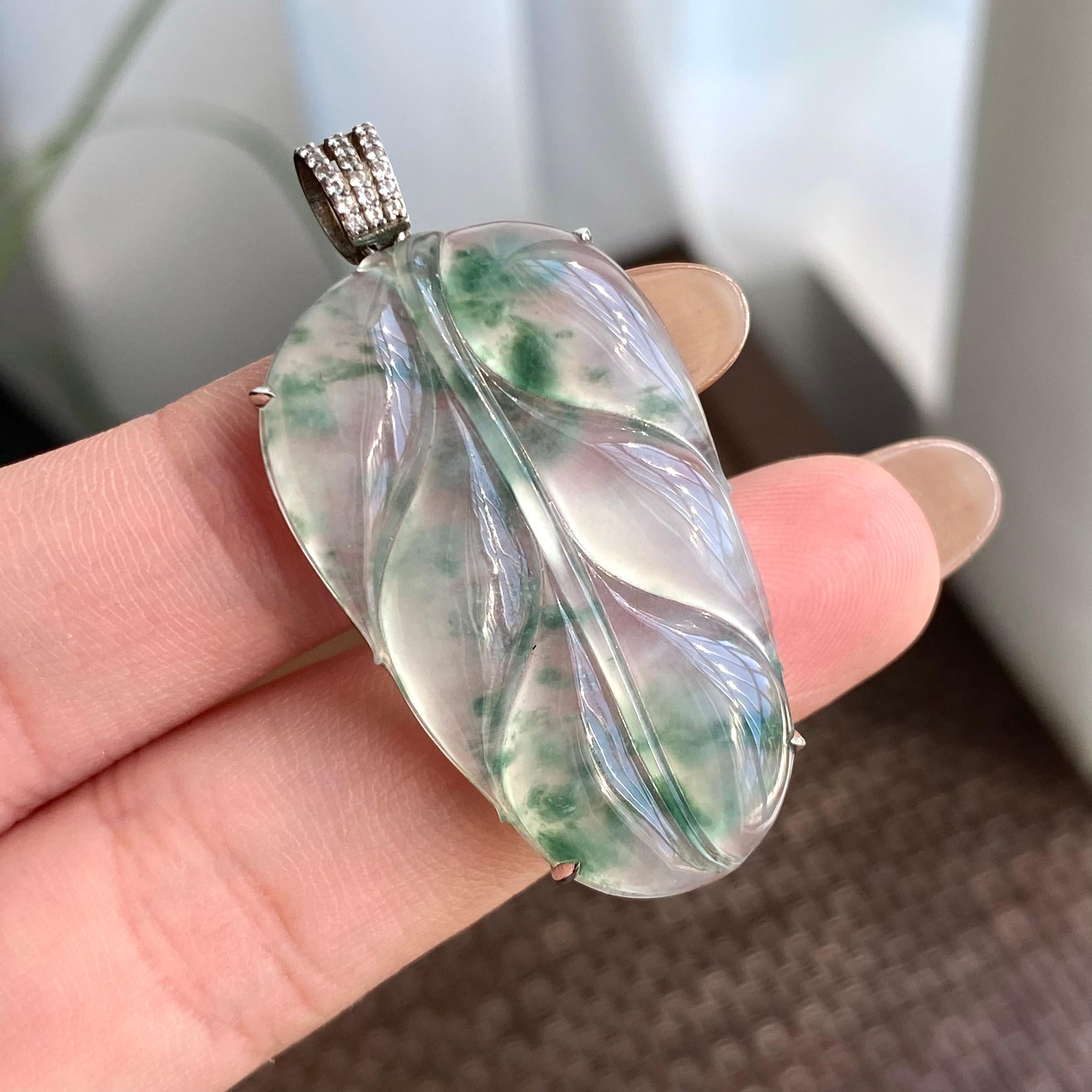 18k金钻镶冰种飘花玉叶吊坠（yc266216）