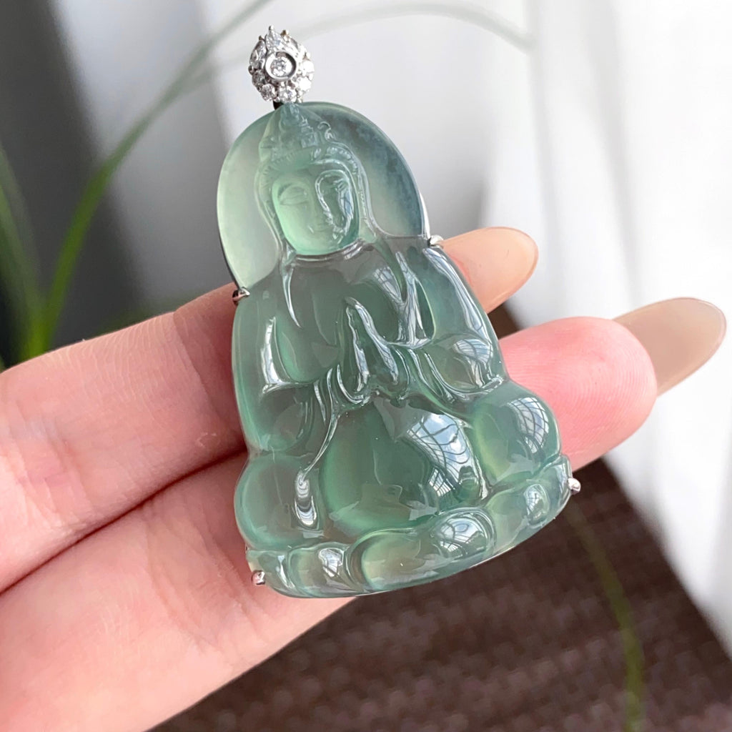 18k金钻镶冰种湖水绿观音吊坠（yc250195）