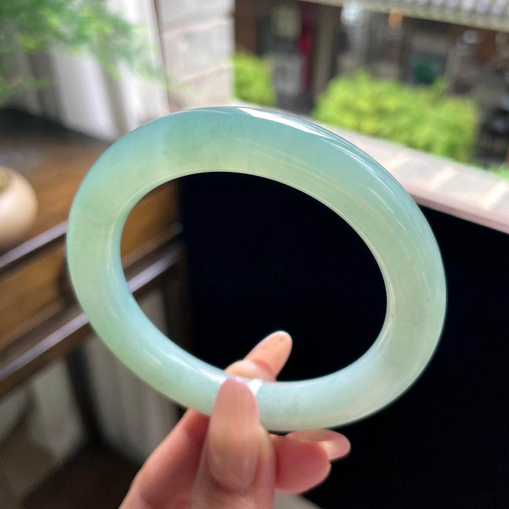 大圈口 糯冰种油青色湖水绿圆条 58圈 天然缅甸A货翡翠（yc696436）
