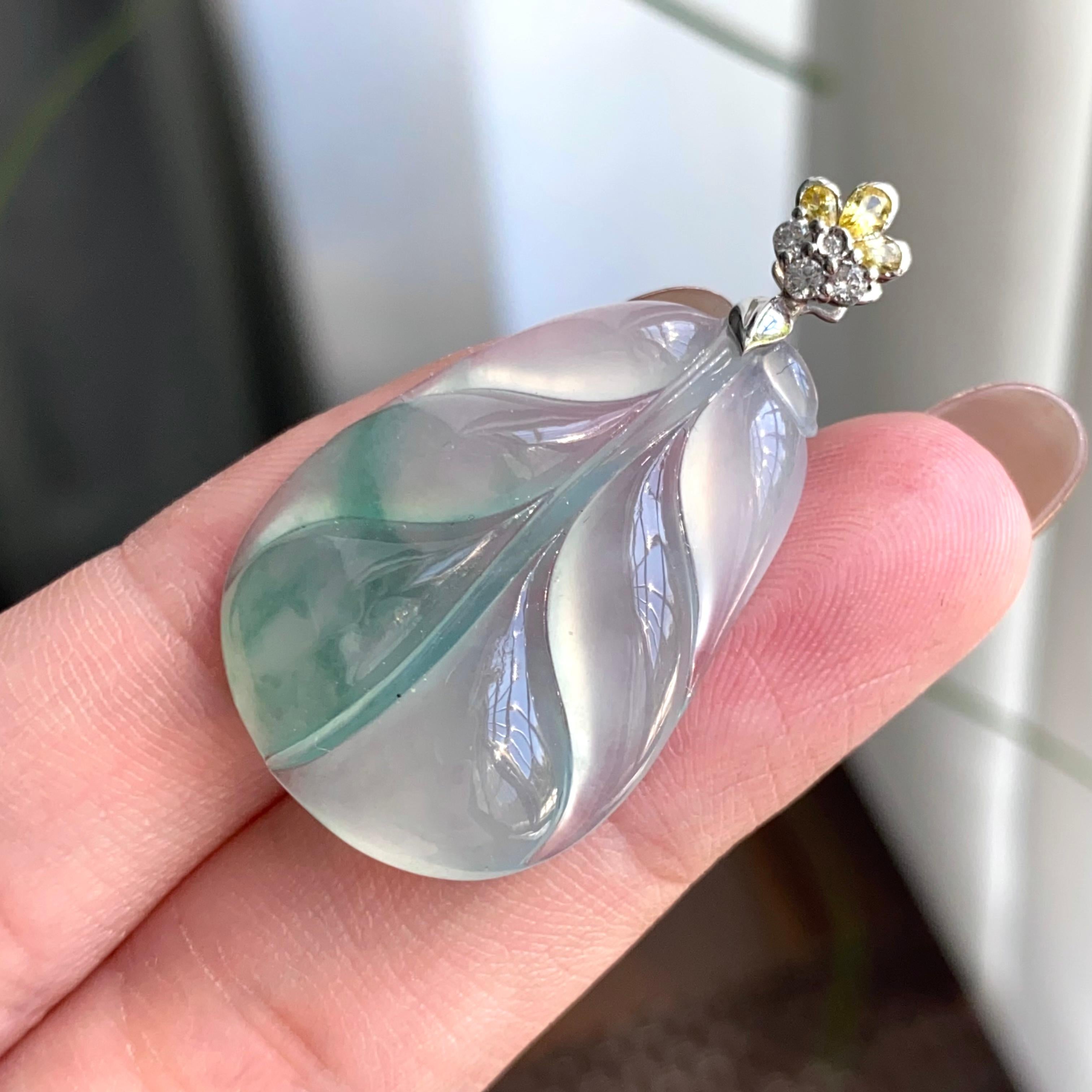 18k金钻镶冰种飘花玉叶吊坠（yc263896）