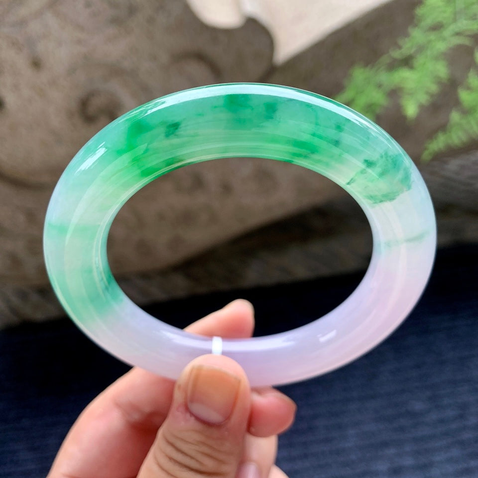 糯冰种紫罗兰飘绿圆条手镯（58.2mm）（yc165859）