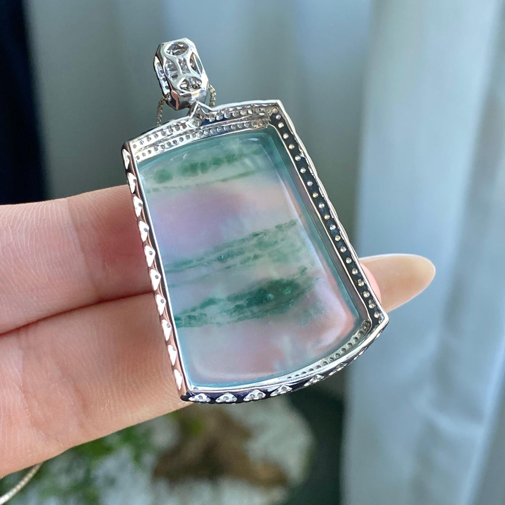 18k金钻镶冰种飘花山水牌吊坠（yc205075）