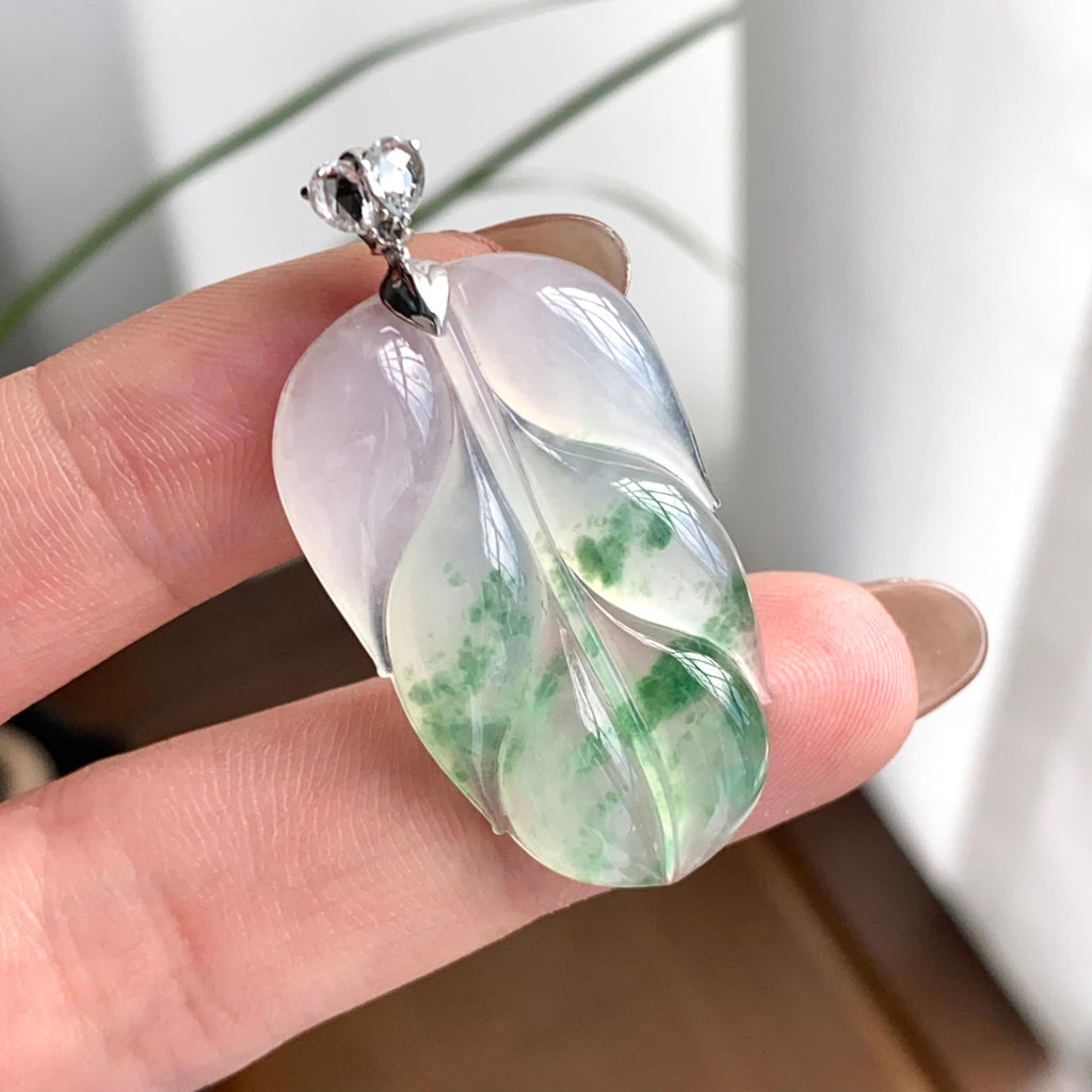 18k金钻镶冰种飘花玉叶吊坠（yc262716）