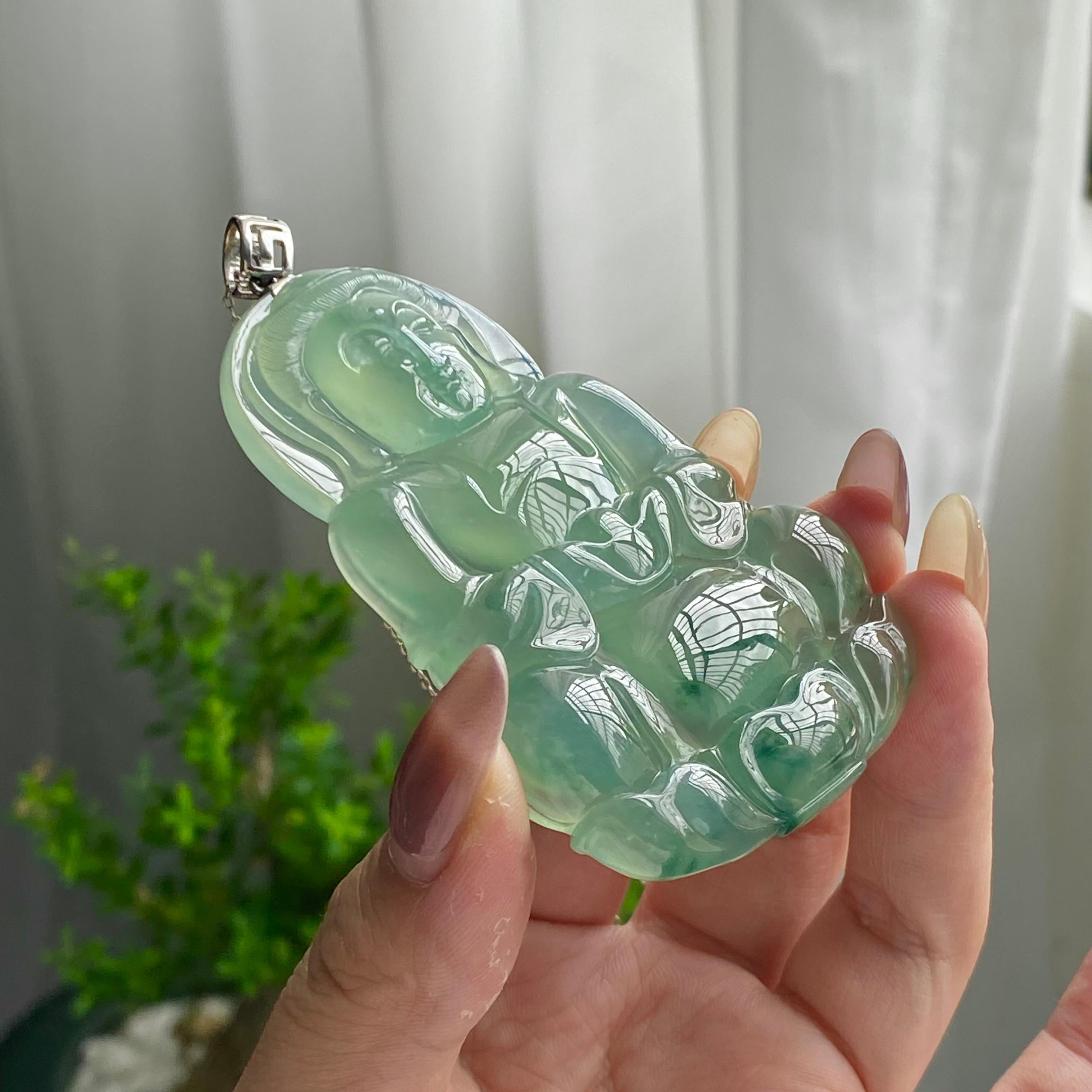 18k金镶冰种湖水绿飘花观音吊坠（yc201006）