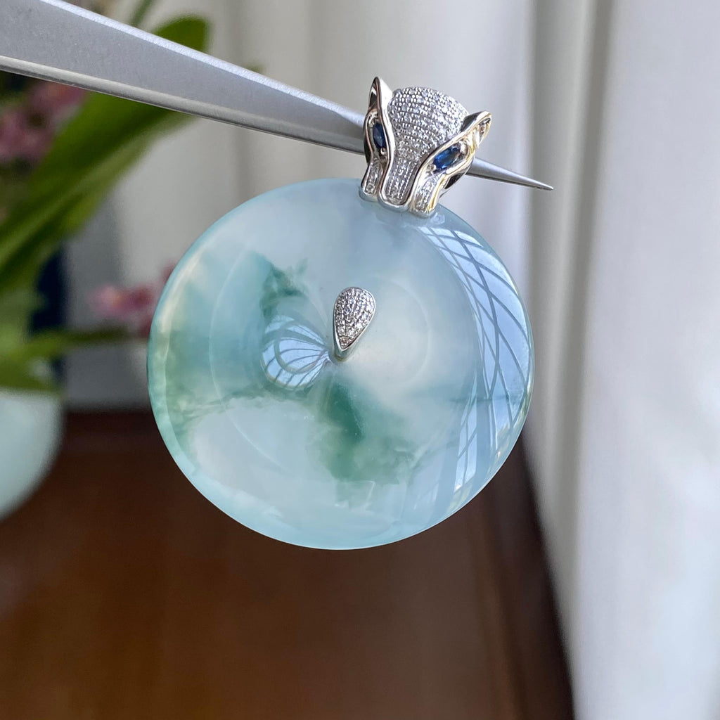 18K金钻镶糯冰种飘花平安扣吊坠（yc295960）