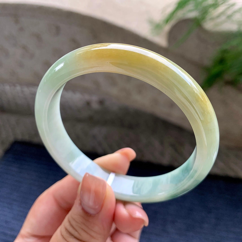 大圈口 细糯种黄翡飘蓝花正圈平安镯 59圈口 天然缅甸A货翡翠（yc524449）