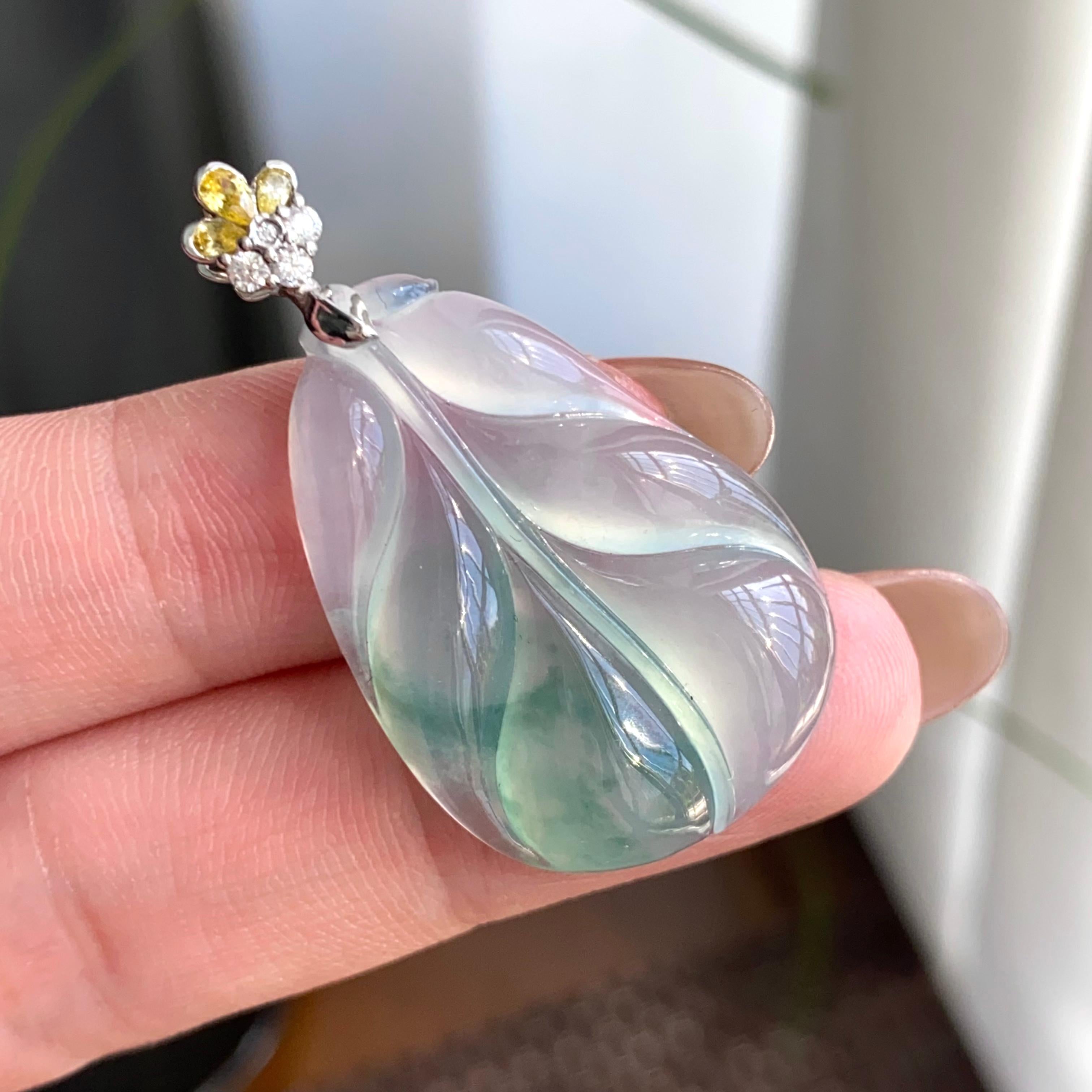 18k金钻镶冰种飘花玉叶吊坠（yc263896）