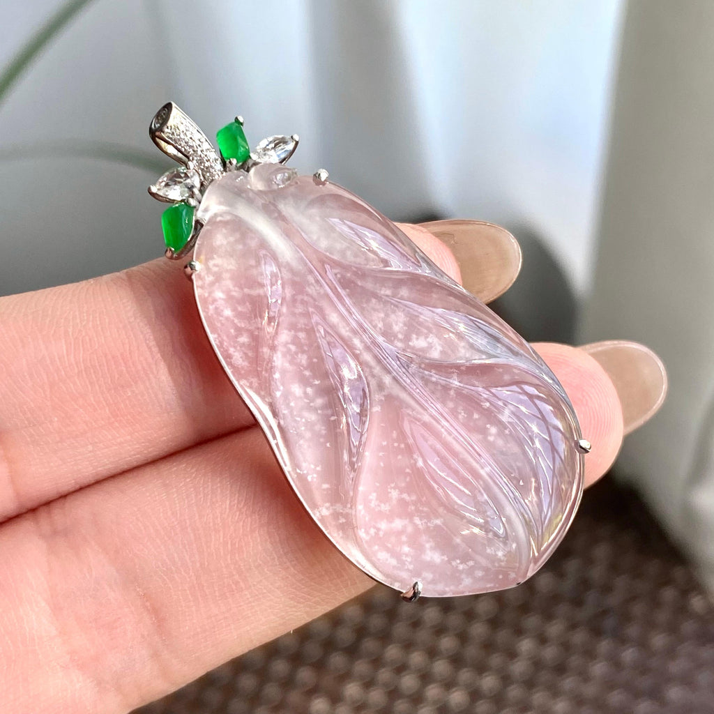 18k金钻镶高冰种雪花棉玉叶吊坠（yc266155）