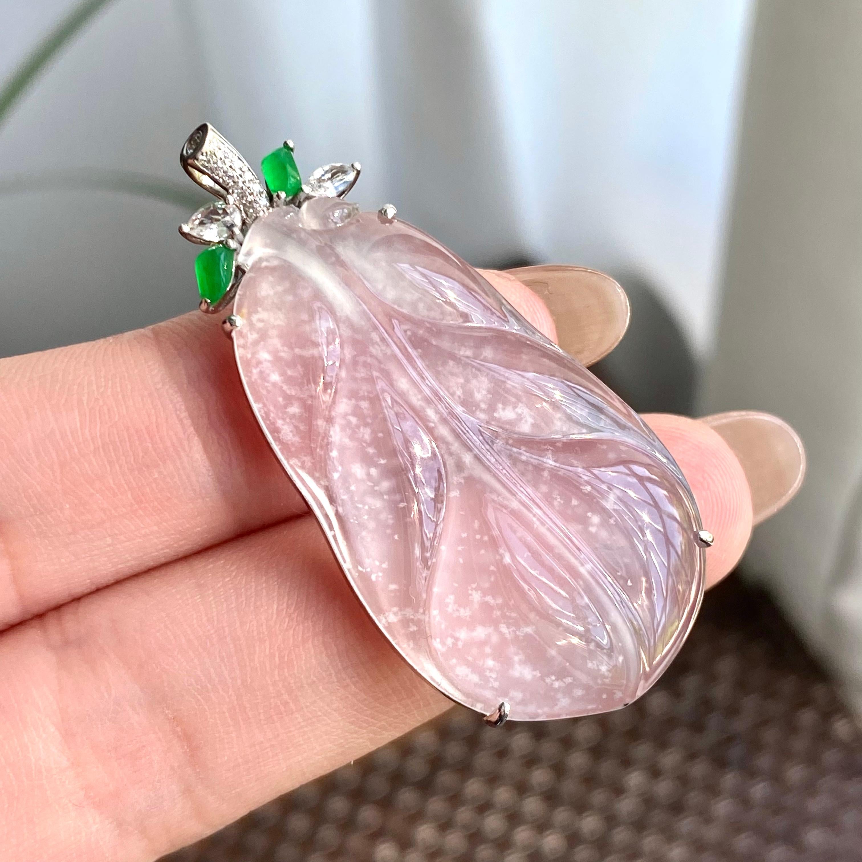 18k金钻镶高冰种雪花棉玉叶吊坠（yc266155）