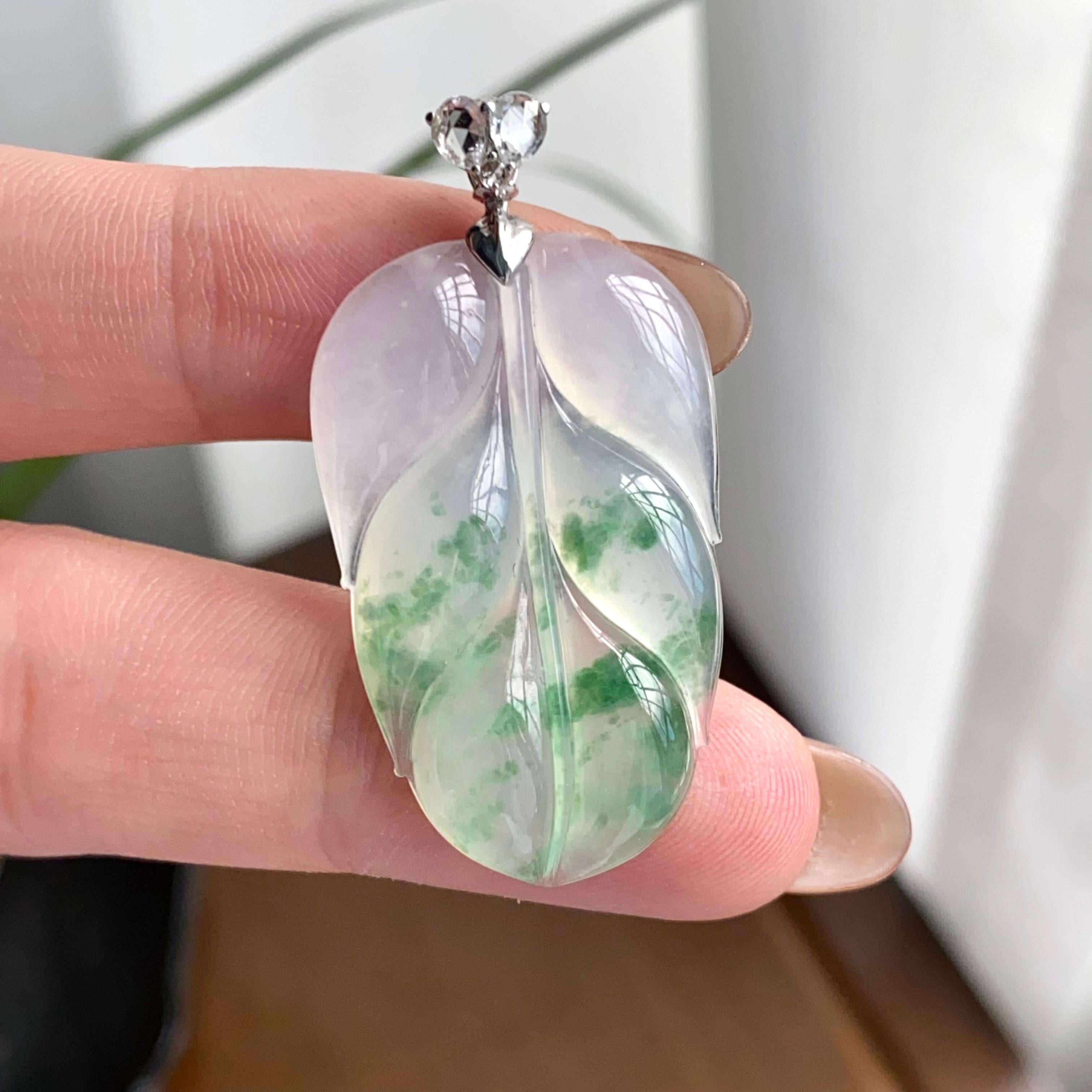 18k金钻镶冰种飘花玉叶吊坠（yc262716）