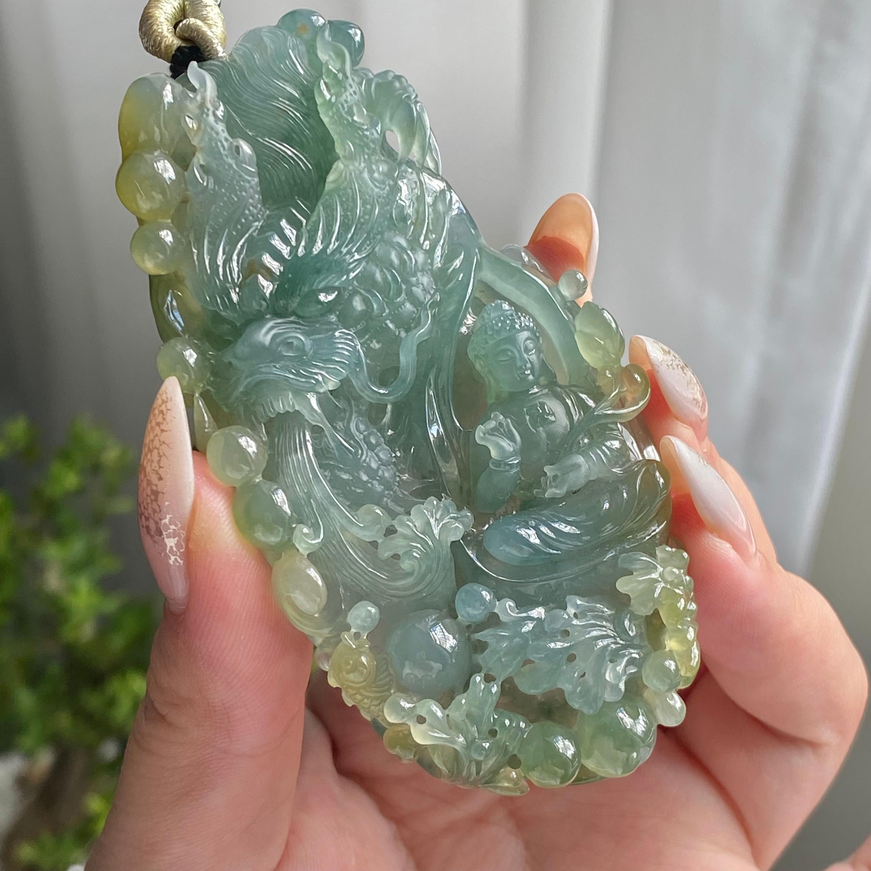 糯冰种双彩神龙护主牌吊坠（yc214691）