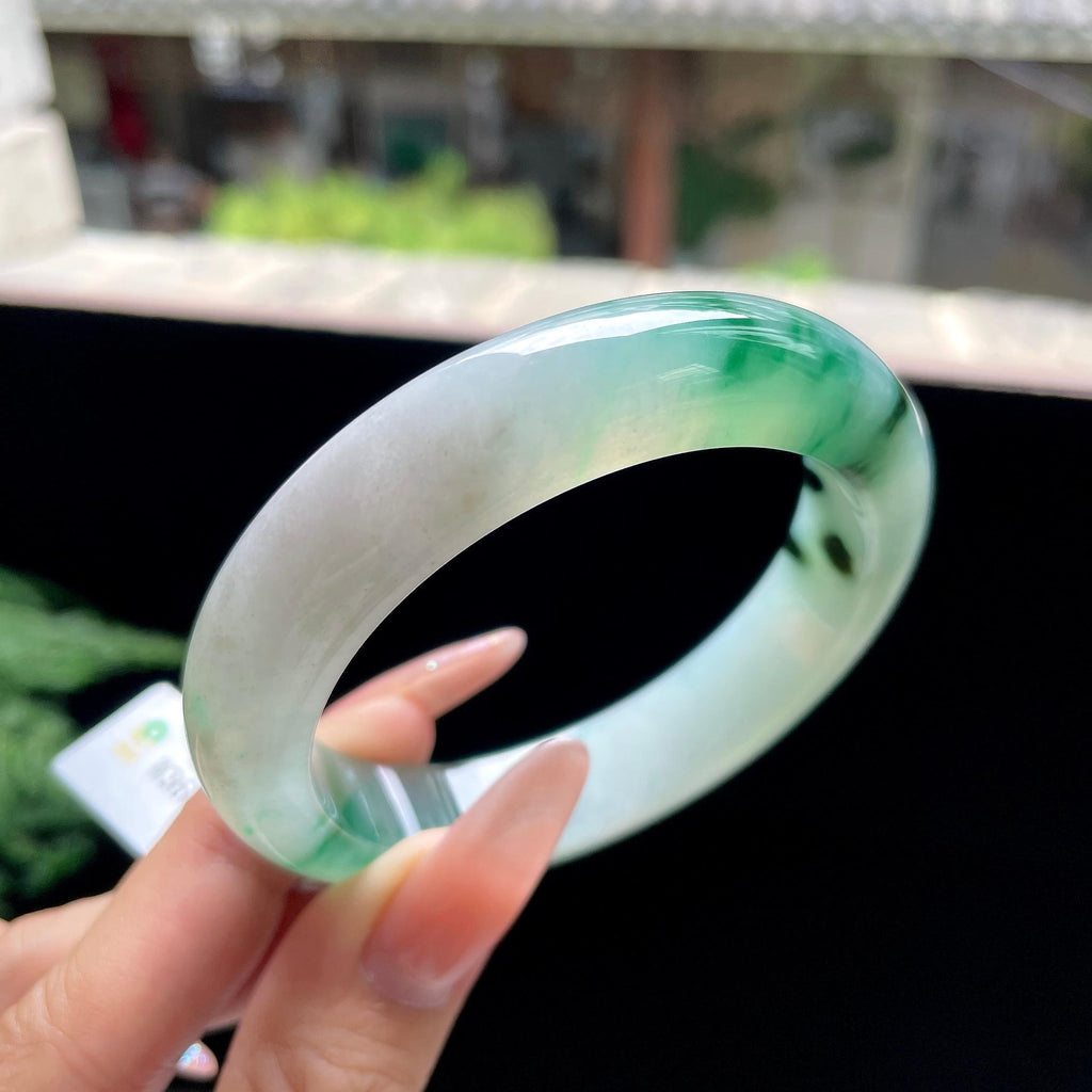 糯冰种绿飘花正圈平安镯 54圈口 天然缅甸A货翡翠（yc527796）