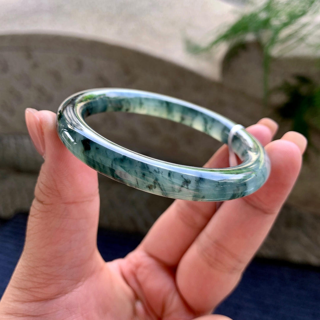 糯冰种飘蓝花圆条手镯 53.3圈口 天然缅甸A货翡翠（yc496405）