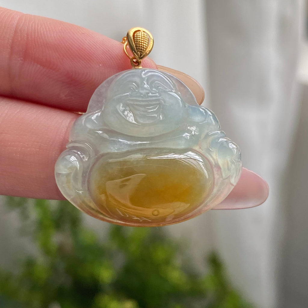 18k金镶冰种黄翡肚里藏金佛公吊坠（yc200394）