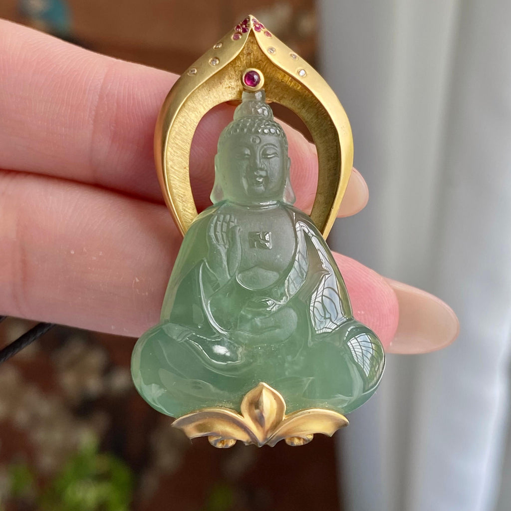 18k金镶冰种湖水绿观音吊坠（yc235110）