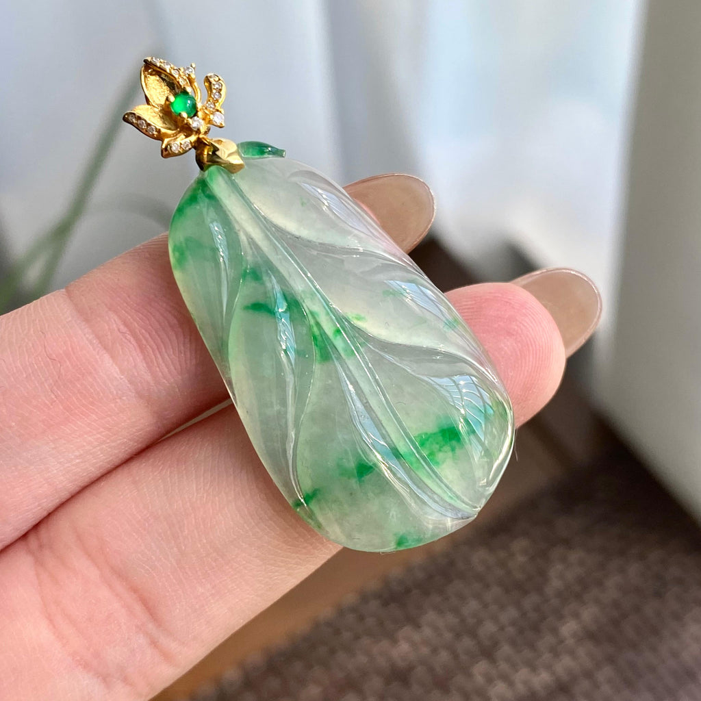 18k金钻镶冰种飘花玉叶吊坠（yc266215）