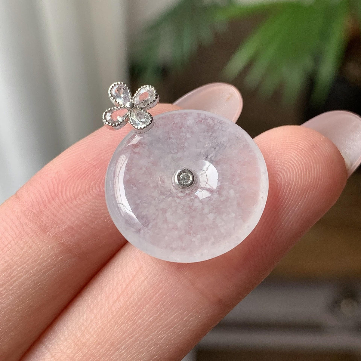 18K金镶糯冰种无色平安扣吊坠 天然A缅甸翡翠（yc693114）