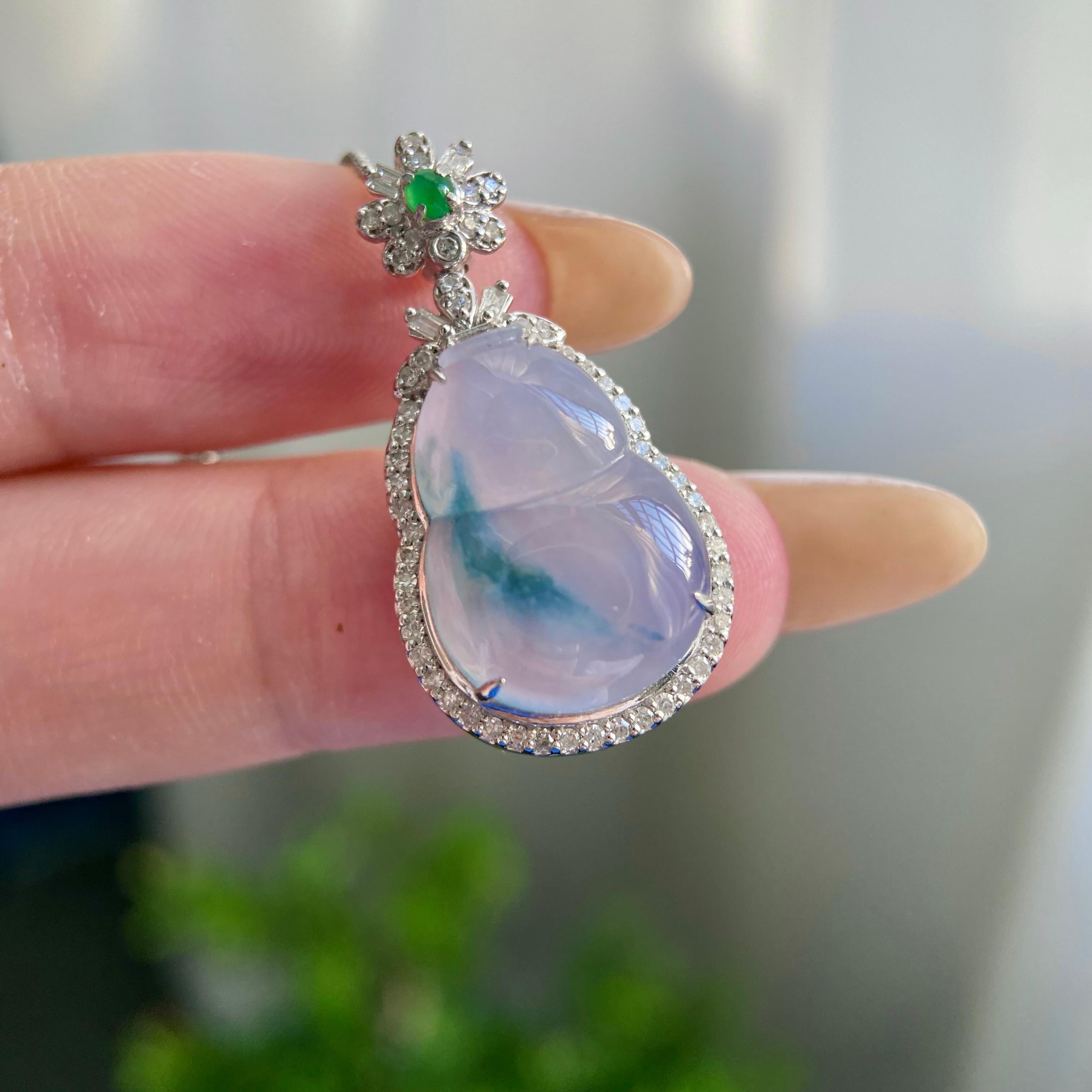 18k金钻镶冰种紫罗兰飘花葫芦吊坠（yc218402）