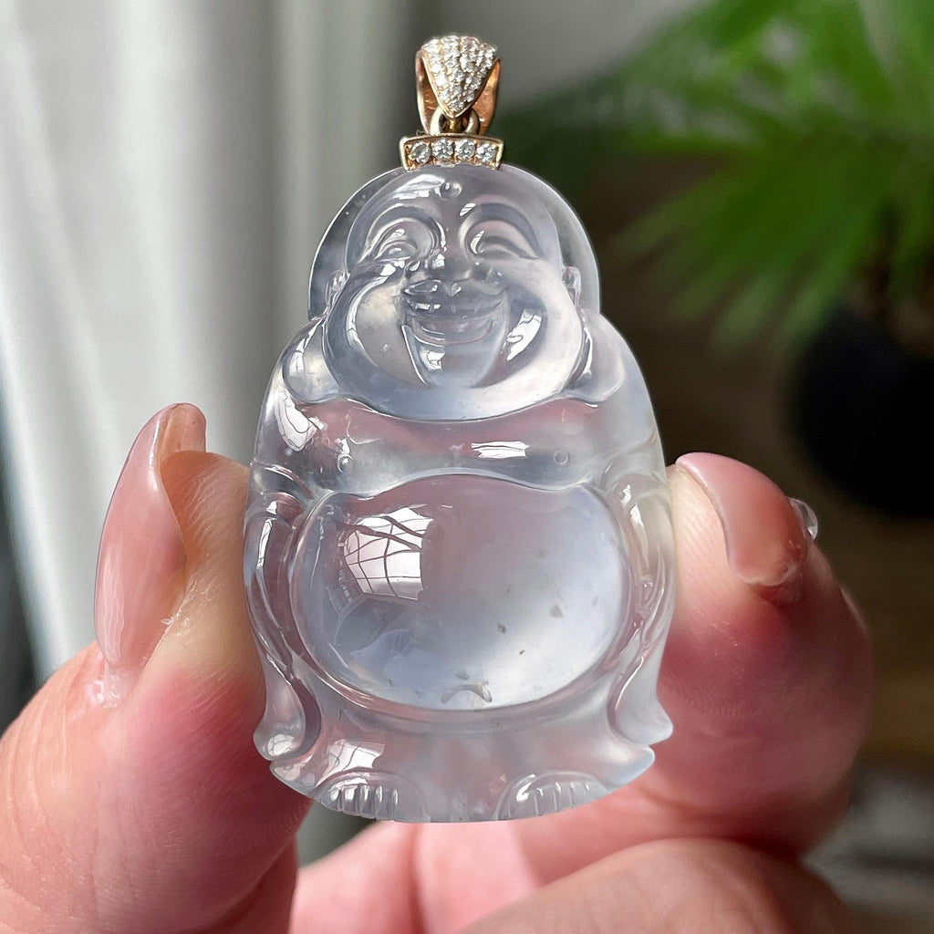 18K金钻镶冰种雪花棉佛公吊坠 天然缅甸A货翡翠（yc522681）