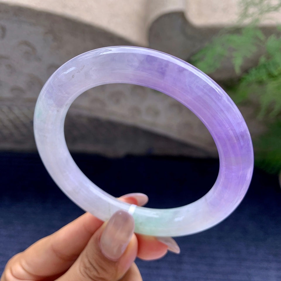 糯冰种紫罗兰飘绿花圆条手镯（58.5mm）（yc172328）