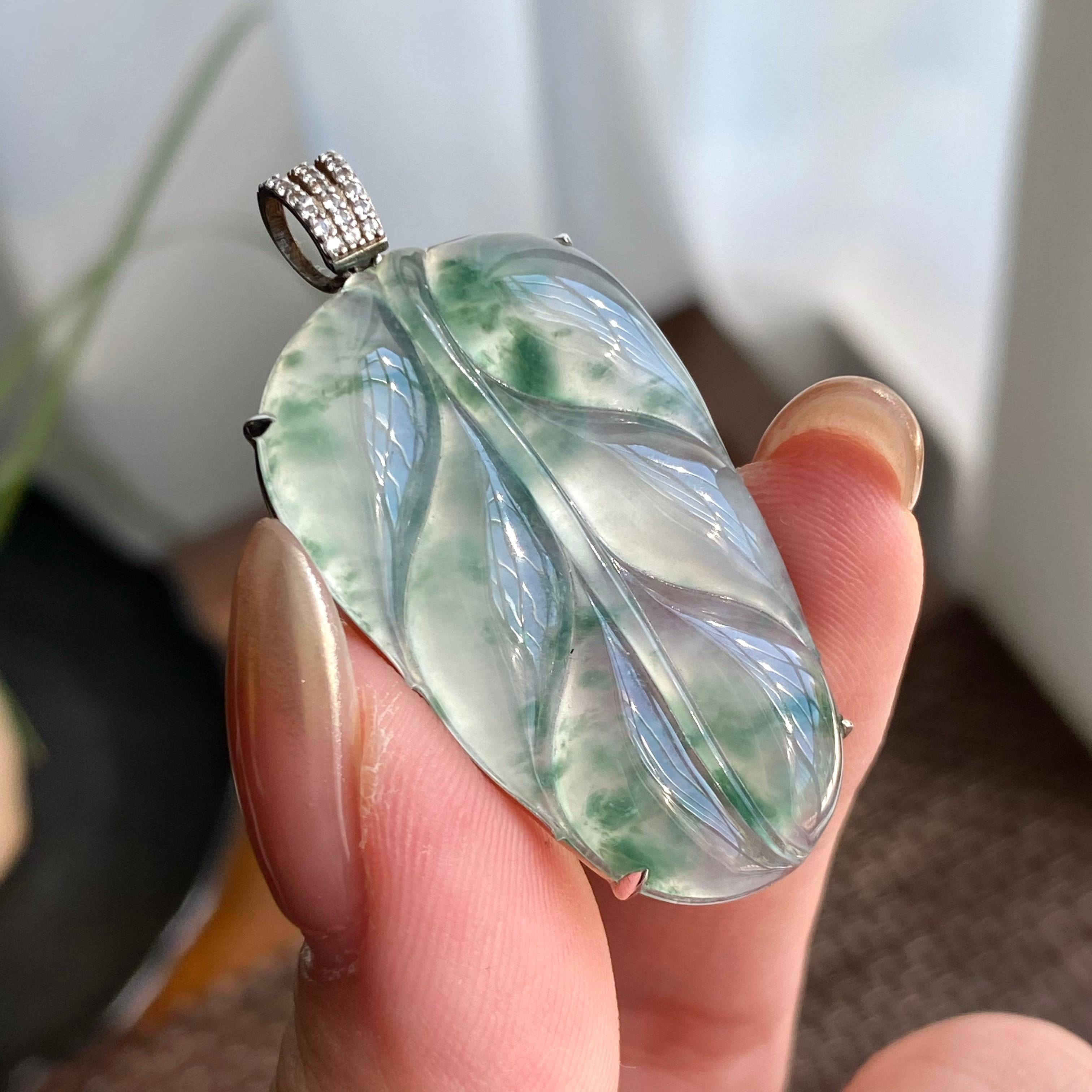 18k金钻镶冰种飘花玉叶吊坠（yc266216）