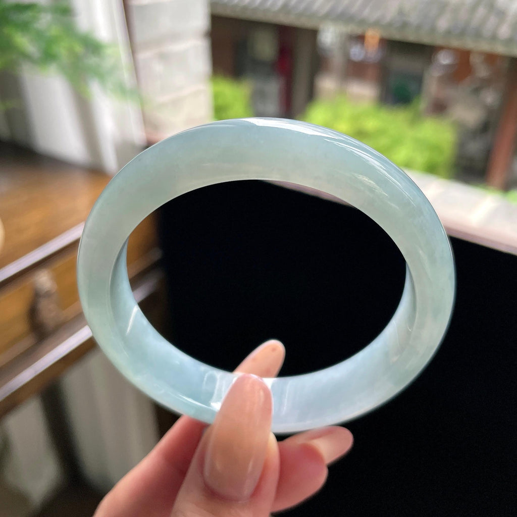 细糯种晴蓝底正圈平安镯 57圈 天然缅甸A货翡翠（yc696401）