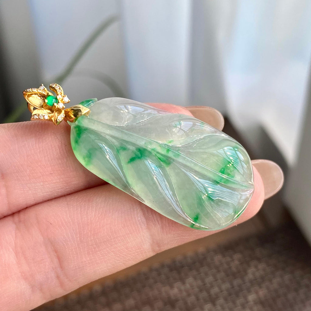 18k金钻镶冰种飘花玉叶吊坠（yc266215）