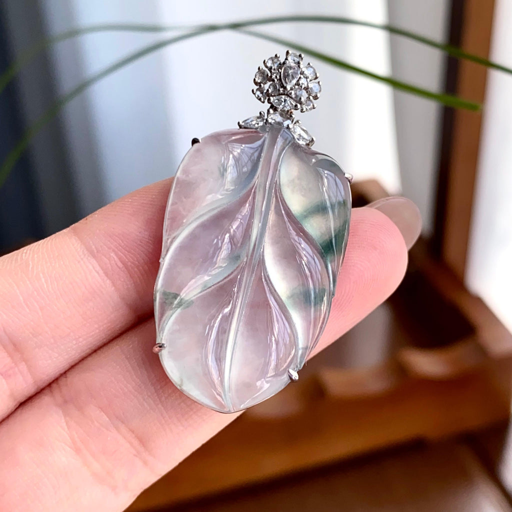 18k金钻镶冰种飘花玉叶吊坠（yc256099）