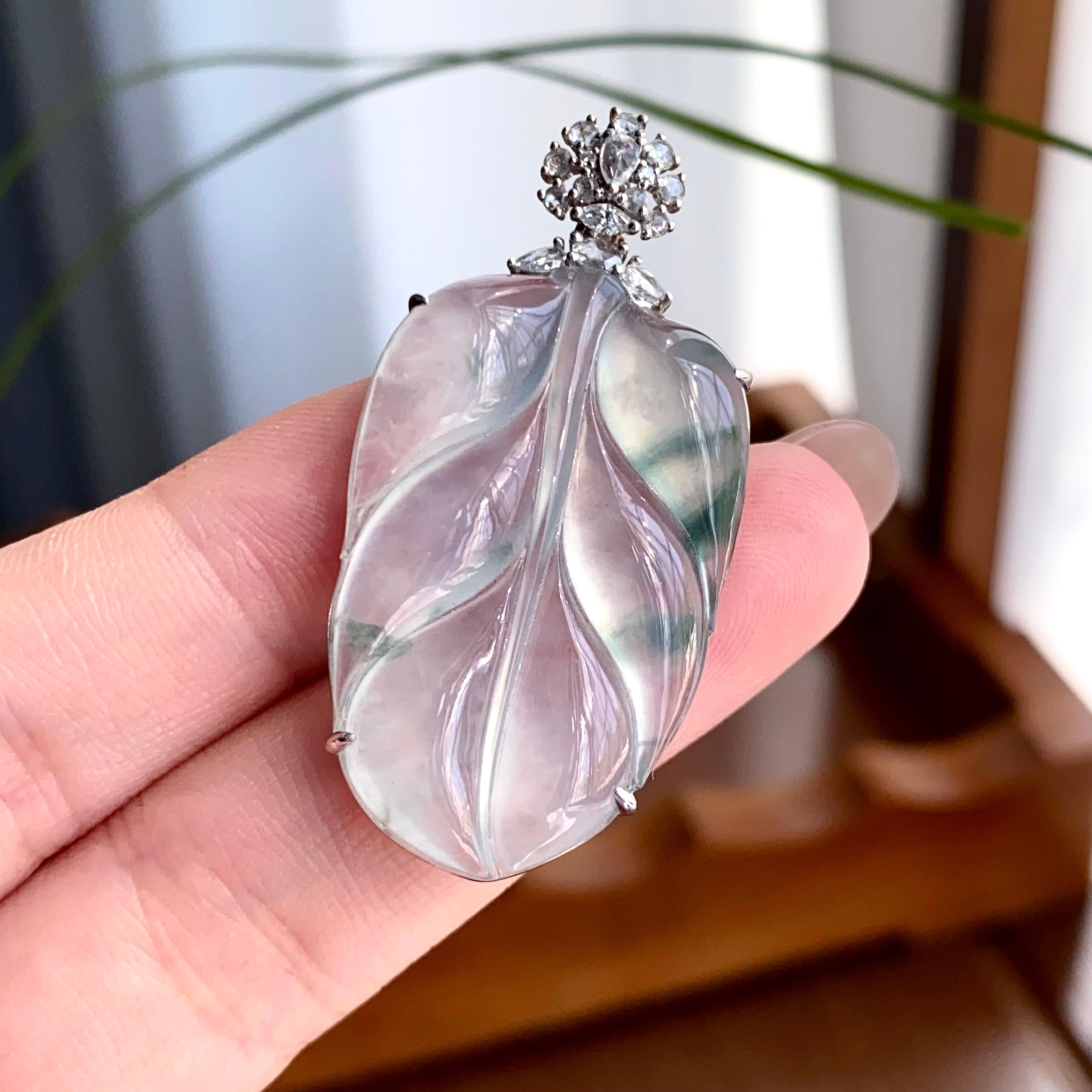 18k金钻镶冰种飘花玉叶吊坠（yc256099）