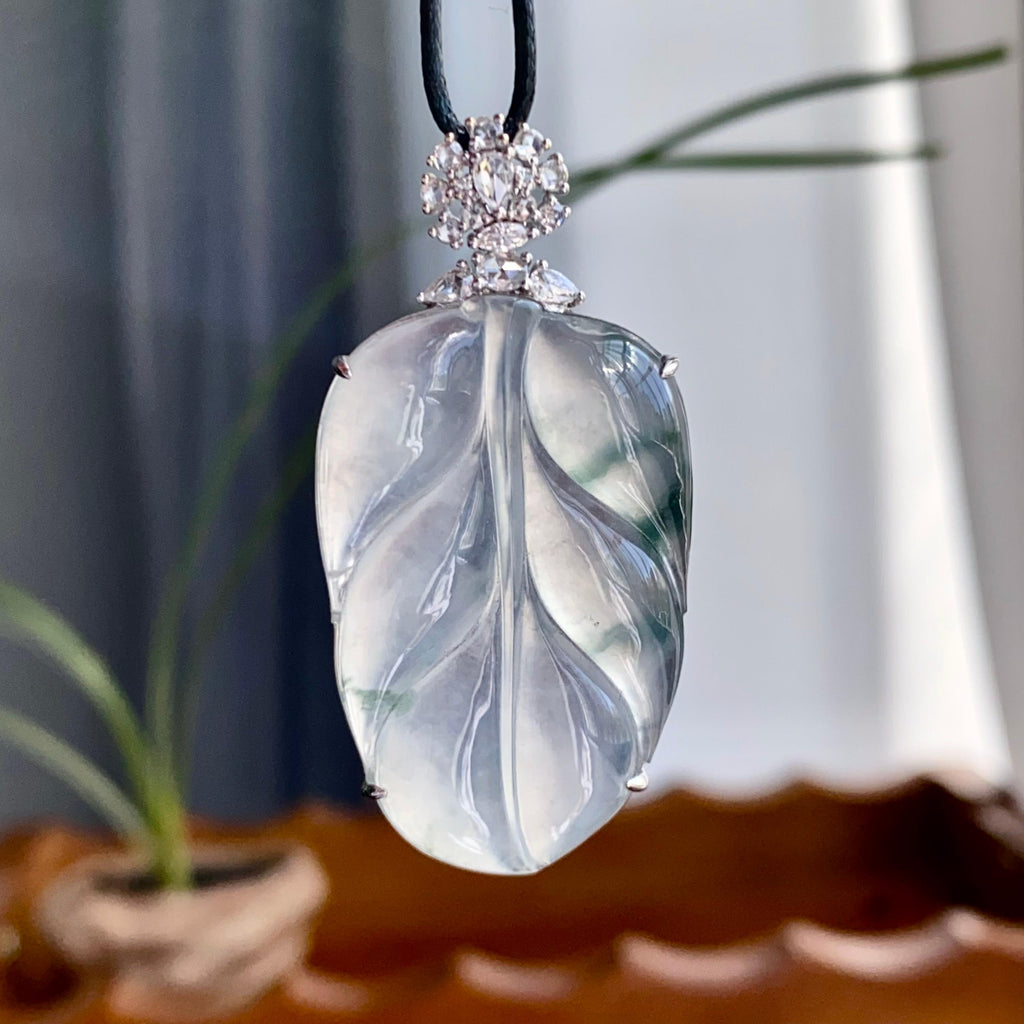 18k金钻镶冰种飘花玉叶吊坠（yc256099）