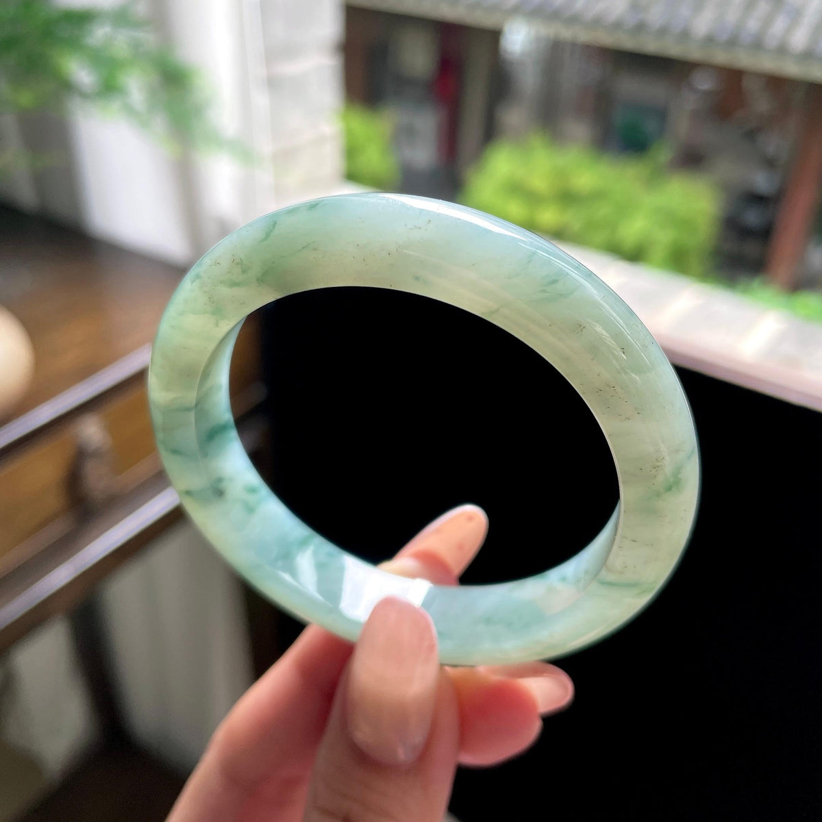 细糯种绿飘花正圈平安镯 53.5圈 天然缅甸A货翡翠（yc696412）