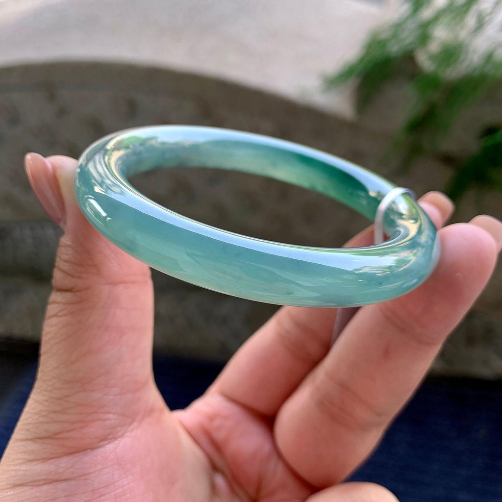 糯冰种蓝水圆条手镯 55圈口 天然缅甸A货翡翠（yc498080）