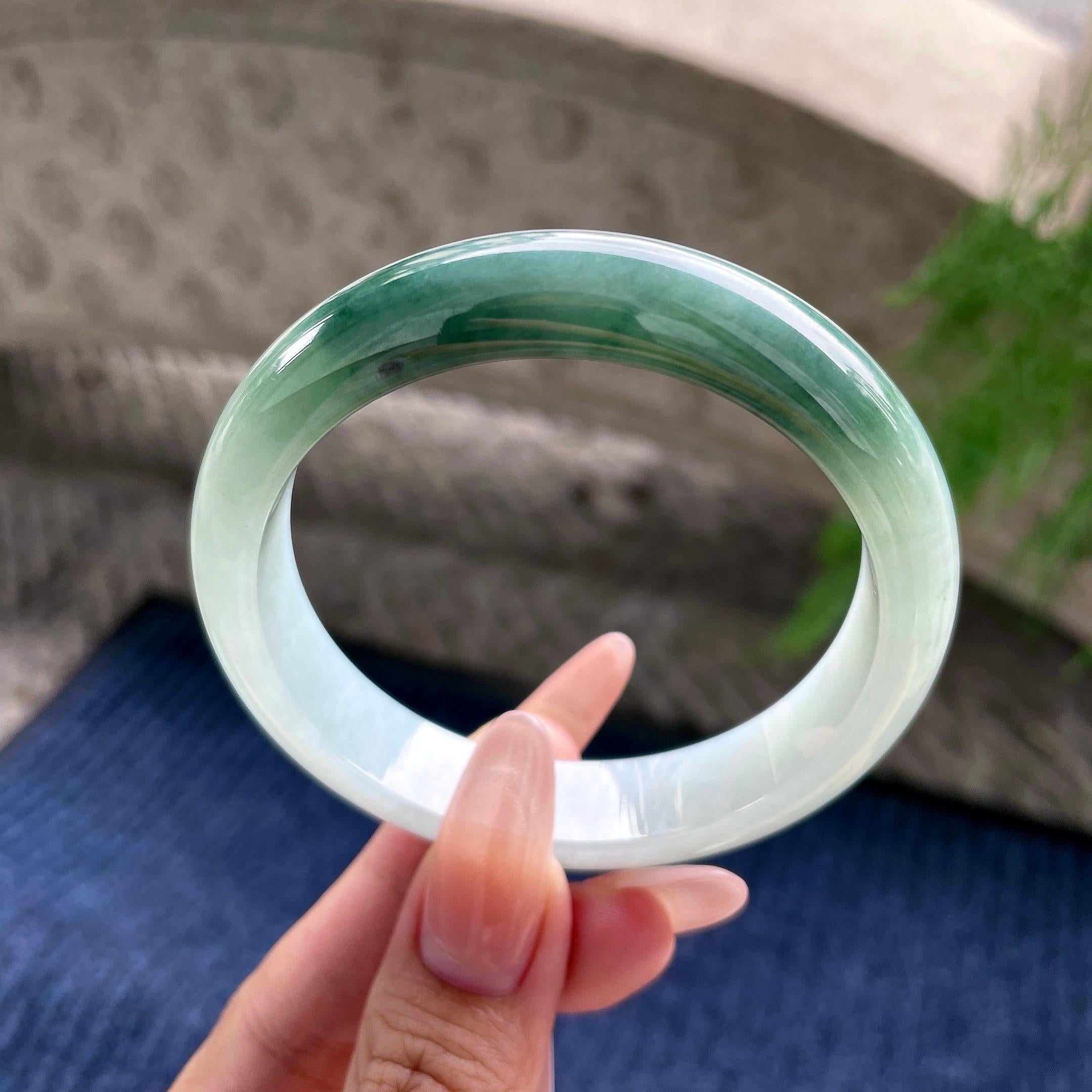 细糯种油青色半山水正圈平安镯 57.5圈口 天然缅甸A货翡翠（yc530787）