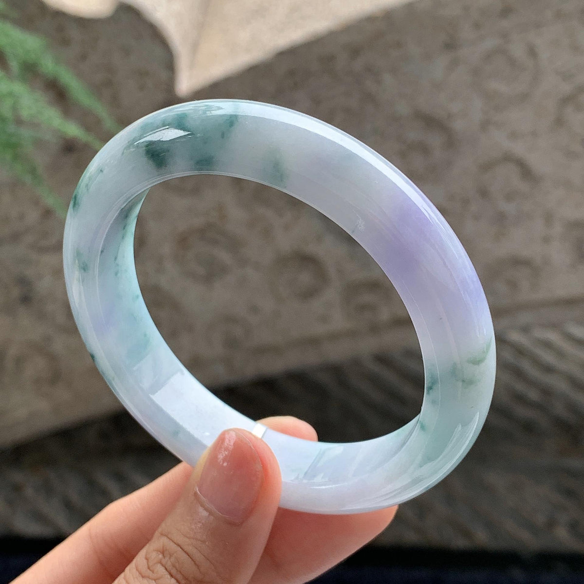 细糯种 飘花带紫正圈平安镯 58.5圈 天然缅甸A货翡翠（yc701201）