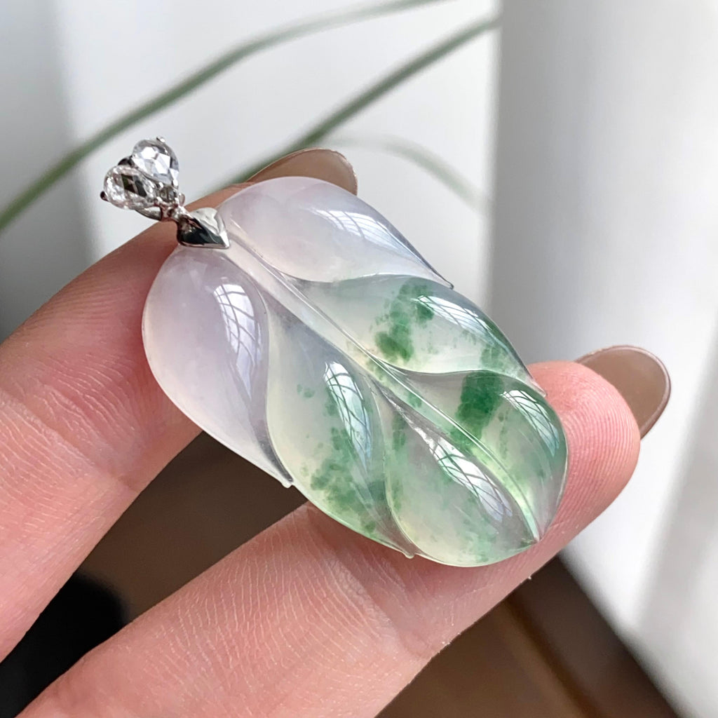 18k金钻镶冰种飘花玉叶吊坠（yc262716）