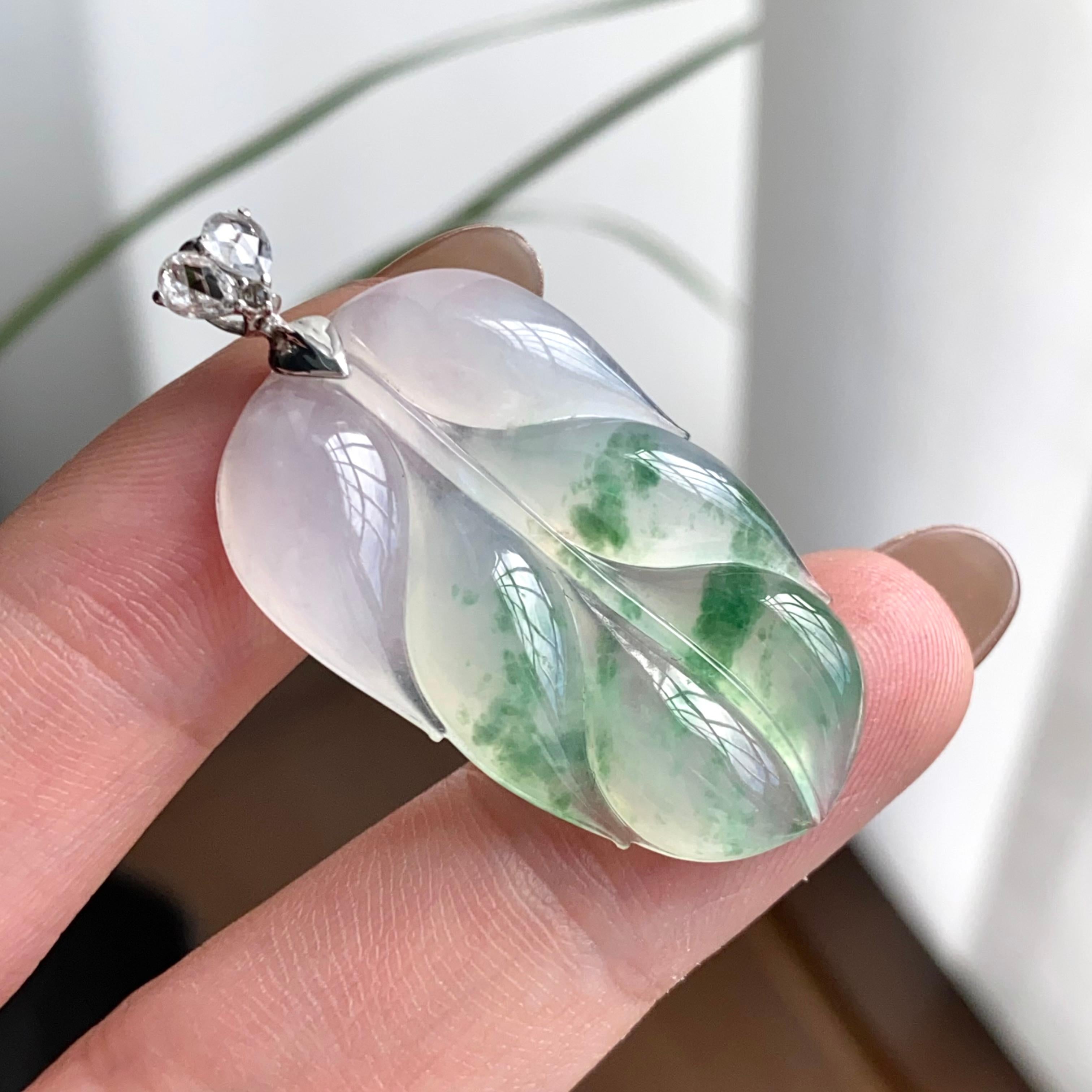 18k金钻镶冰种飘花玉叶吊坠（yc262716）