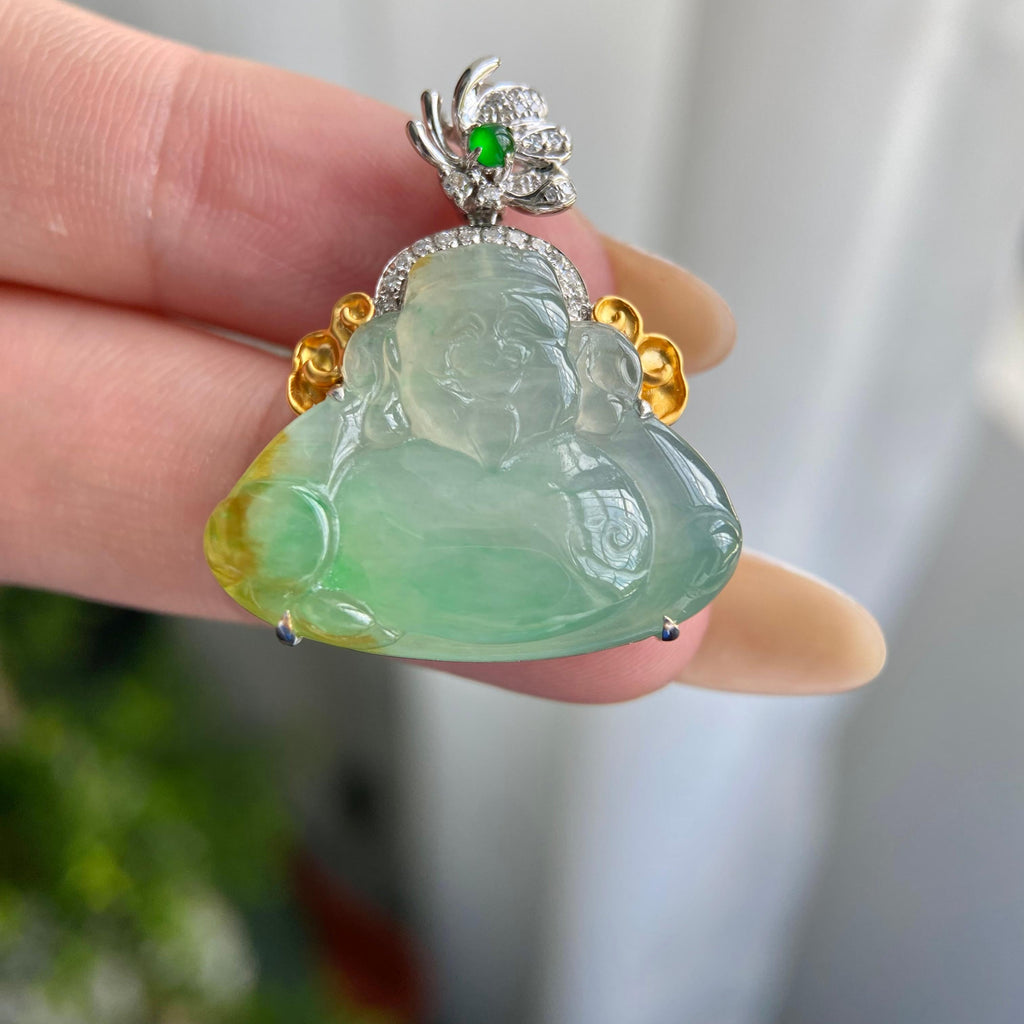 18k金钻镶冰种黄加绿财神吊坠（yc217114）