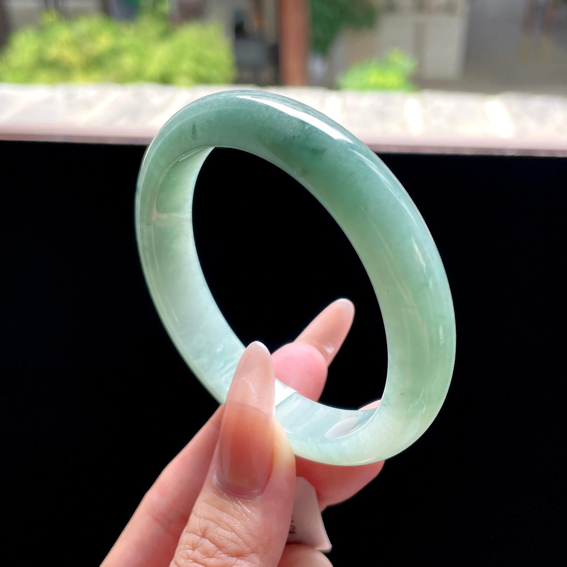 细糯种油青色湖水绿正圈平安镯 57.6圈 天然缅甸A货翡翠（yc522696）