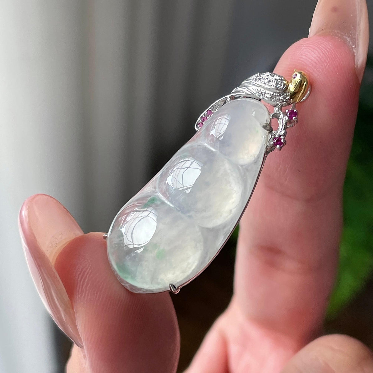 18K金镶糯冰种飘花福豆吊坠 天然缅甸A货翡翠（yc701114）