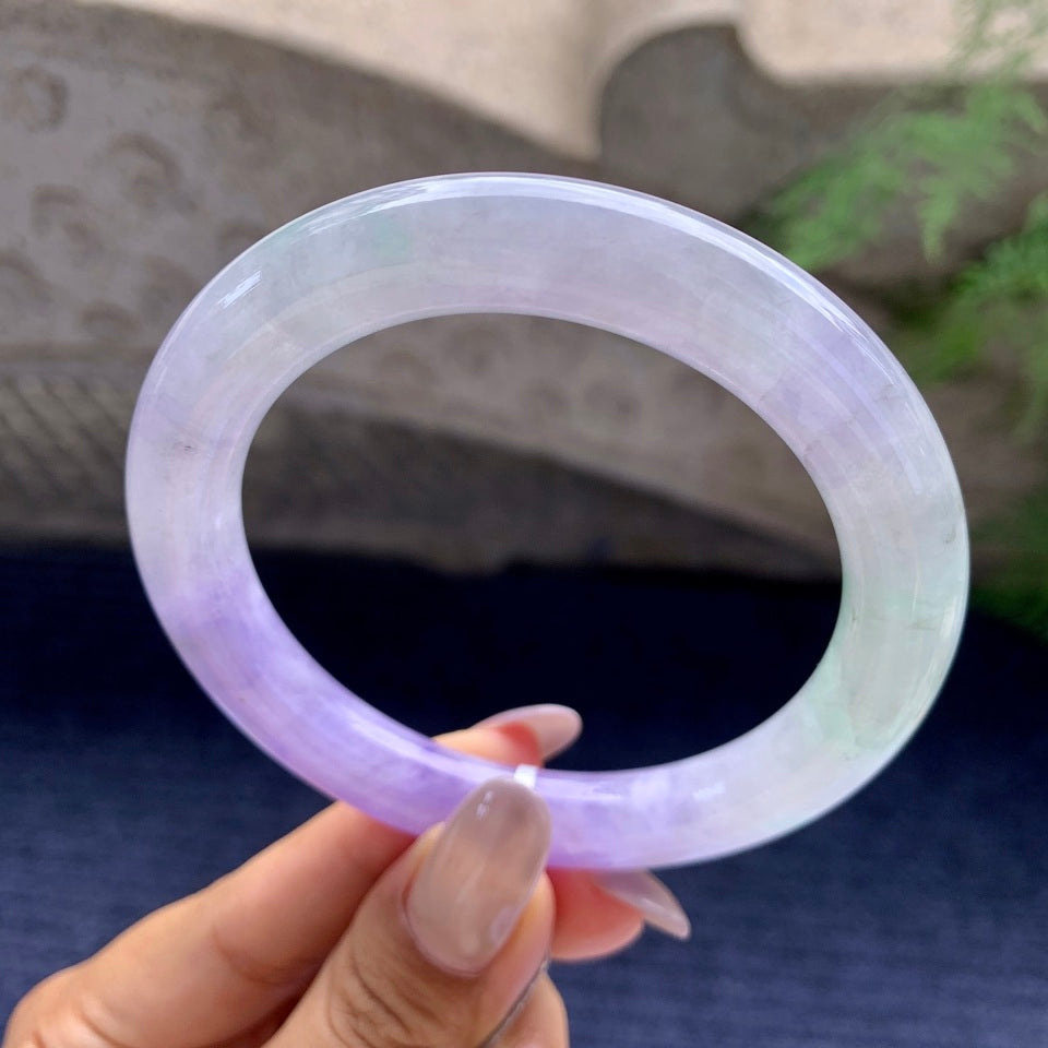 糯冰种紫罗兰飘绿花圆条手镯（58.5mm）（yc172328）