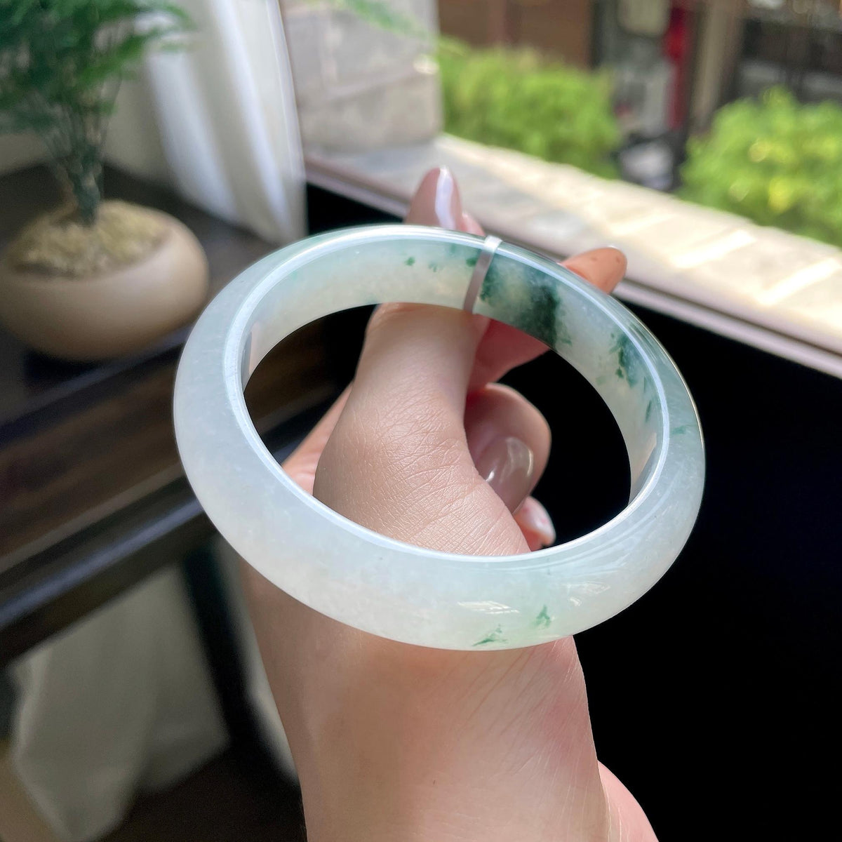 糯冰种绿飘花正圈平安镯 57圈 天然缅甸A货翡翠（yc693134）