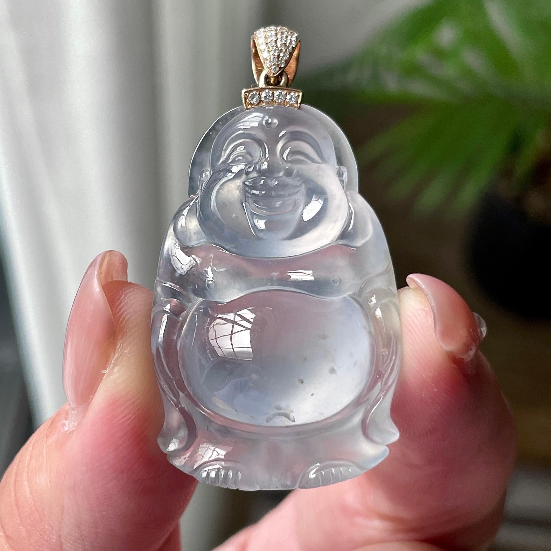 18K金钻镶冰种雪花棉佛公吊坠 天然缅甸A货翡翠（yc522681）