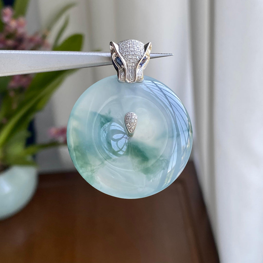 18K金钻镶糯冰种飘花平安扣吊坠（yc295960）