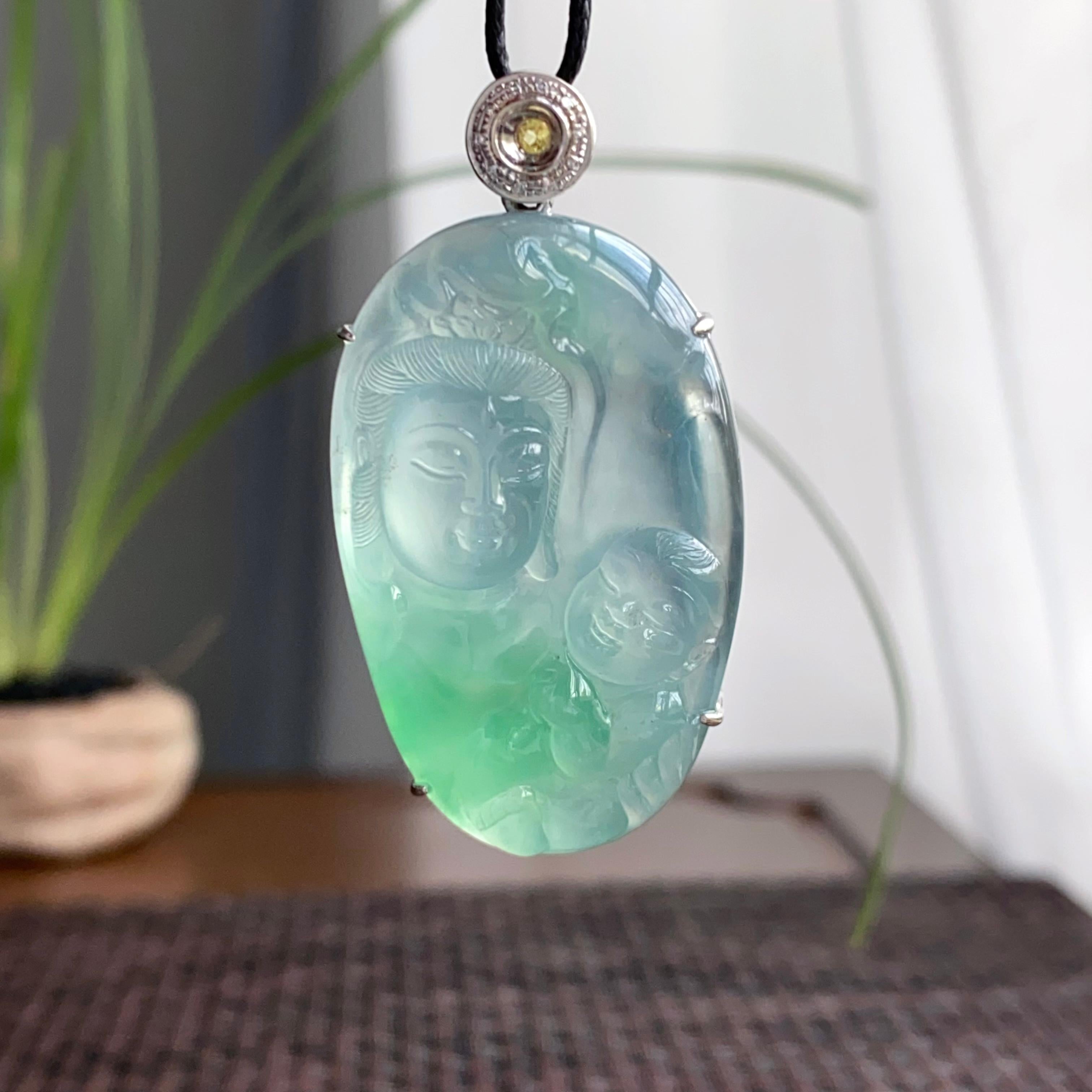 18k金钻镶冰种飘花送子观音吊坠（yc250320）