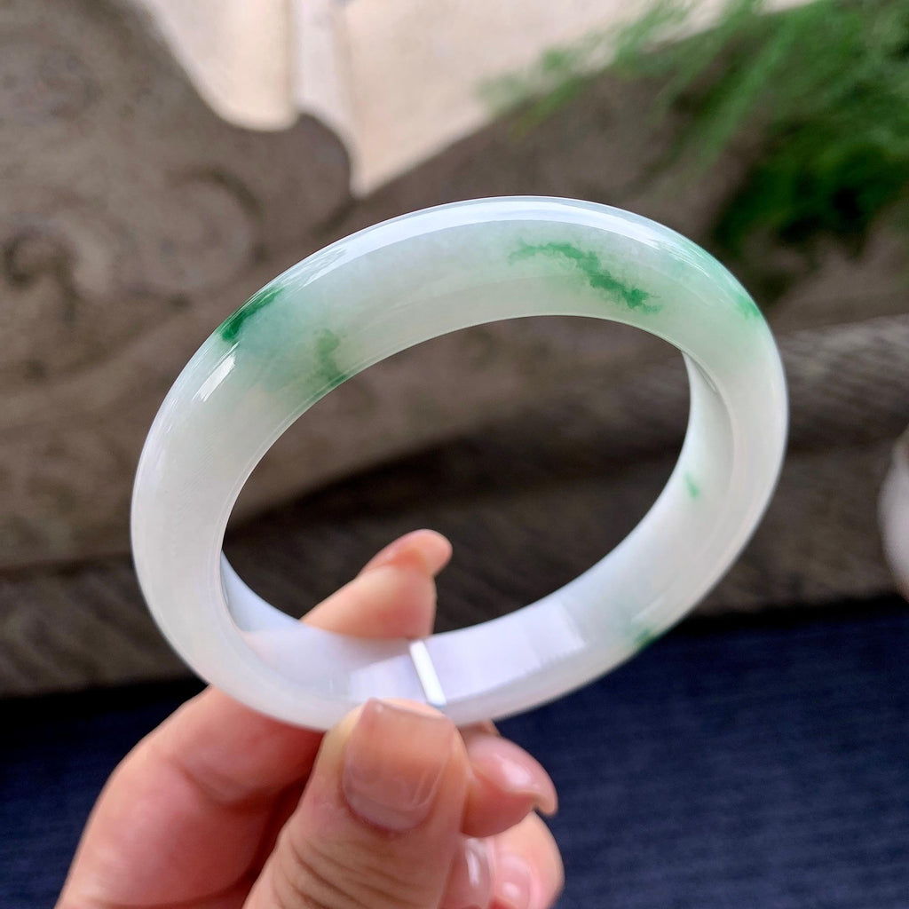 细糯种飘绿花正圈平安镯 57圈口 天然缅甸A货翡翠（yc536188）
