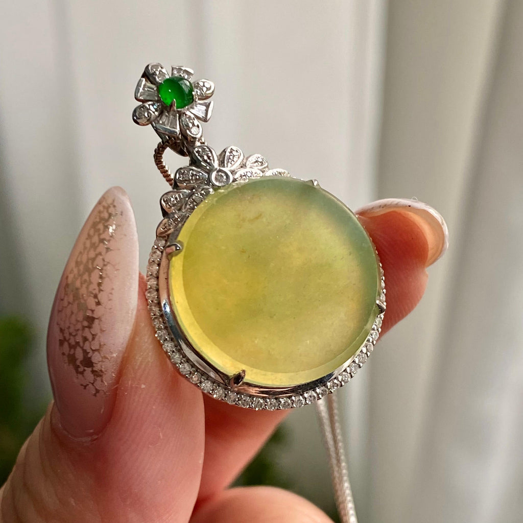 18k金钻镶冰种黄翡圆牌吊坠（yc206764）