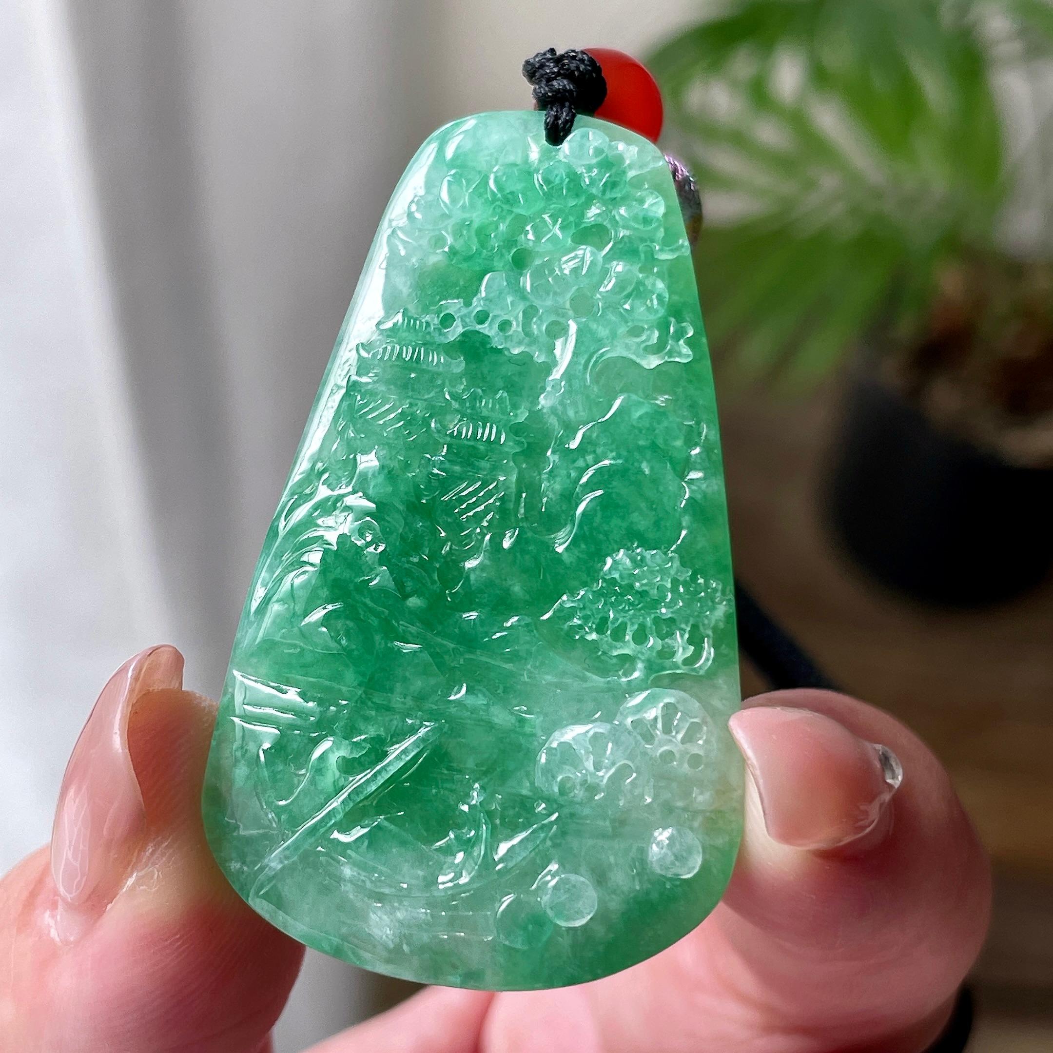 细糯种翠绿山水牌吊坠 天然缅甸A货翡翠（yc524398）