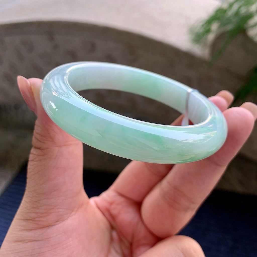 细糯种飘绿花正圈平安镯 55.4圈口 天然缅甸A货翡翠（yc508705）