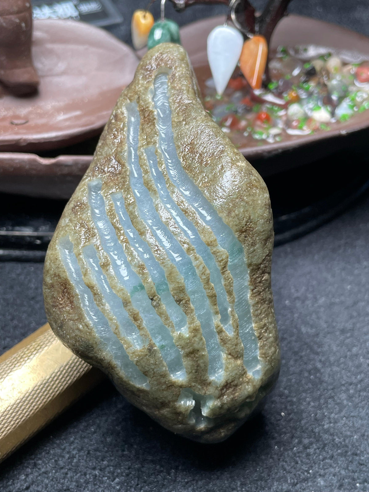 后江冰底淡紫飘花牌子挂件料（yc697919）