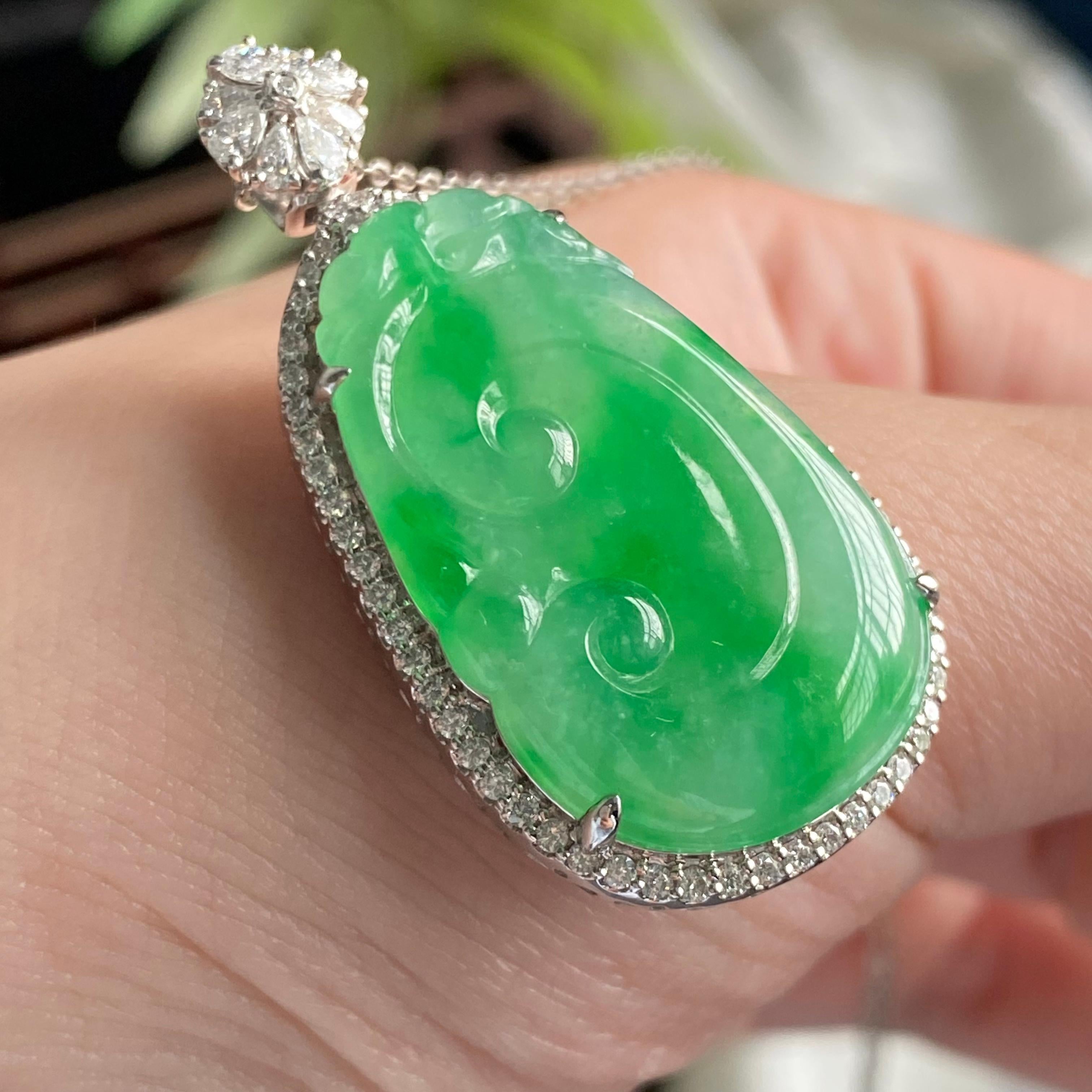 18k金钻镶冰种满绿如意吊坠（yc197330）